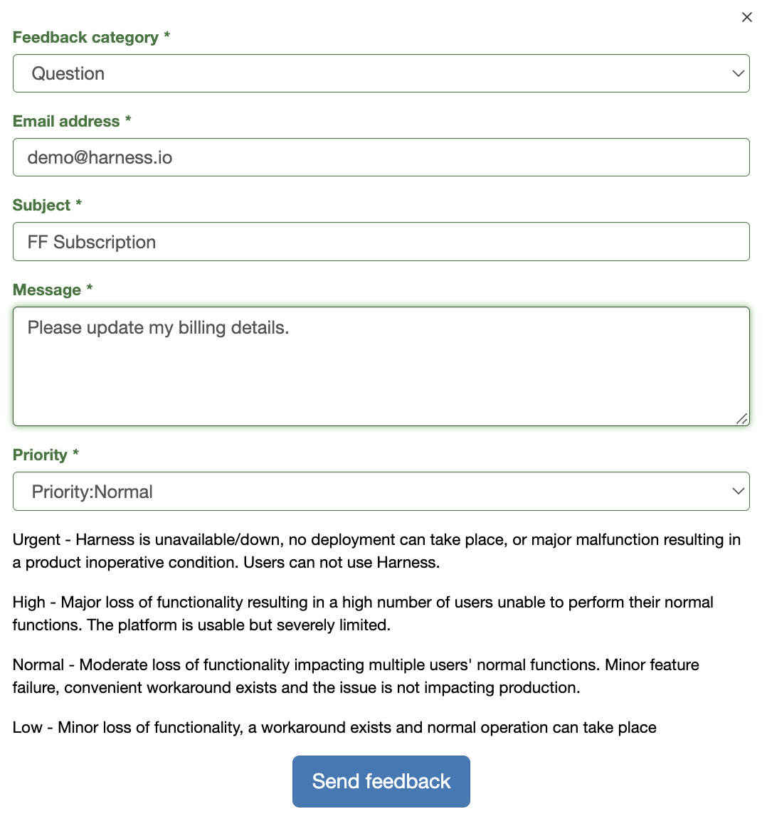 An example of the feedback form for updating your billing information.