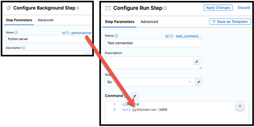 The Background step ID, pythonscript, is used in a curl command in a Run step.