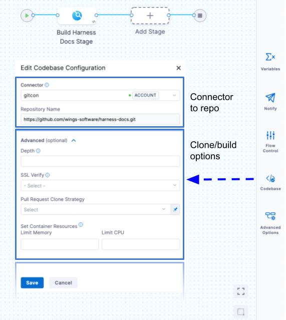 Configuring pipeline codebase settings.