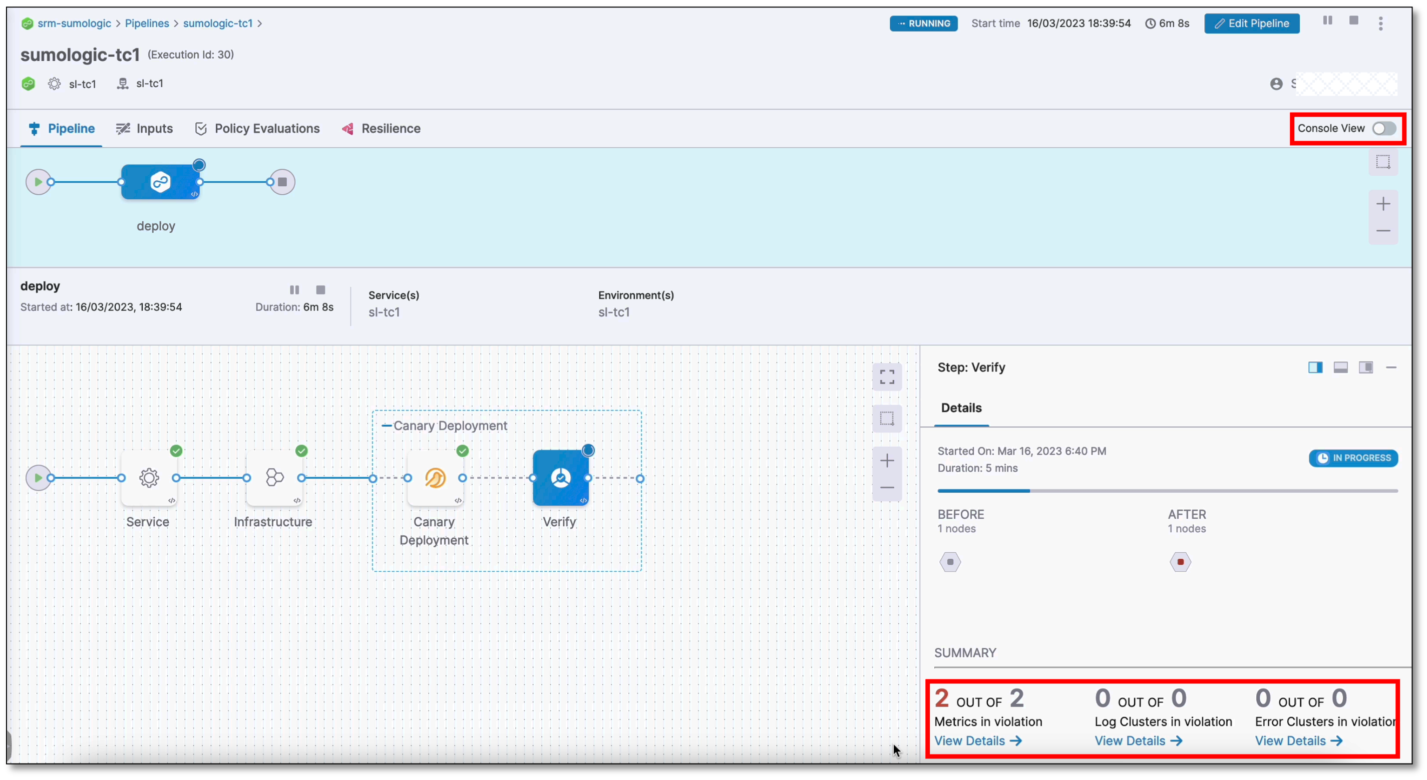 Verification step console view